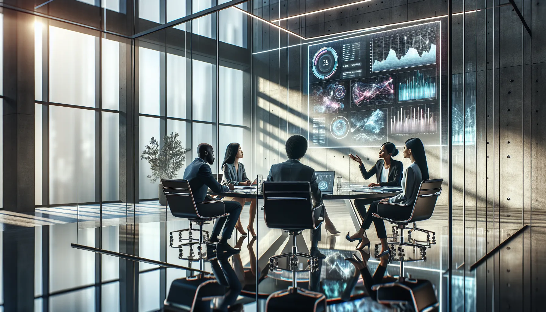 diverse team discussing data trends in a modern office.