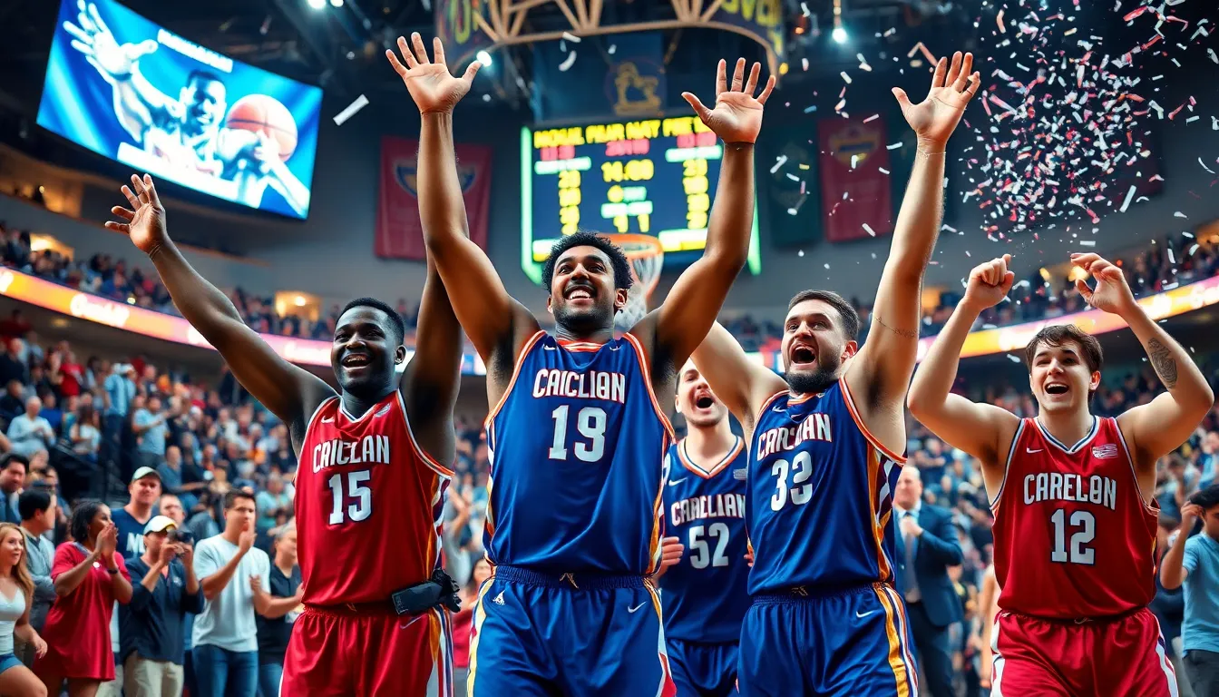 a diverse basketball team celebrating an unexpected victory in a vibrant arena.