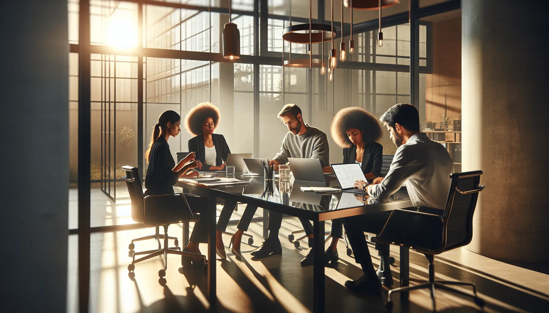 diverse professionals collaborating in a modern office using Amealss10.