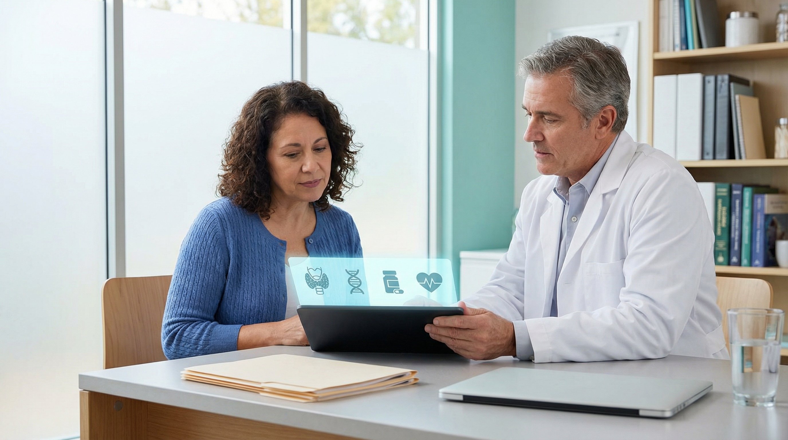 Doctor reviewing patient risk factors for peptide therapy in a modern clinic.