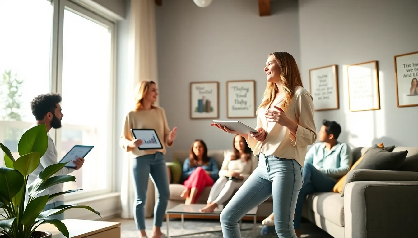 A confident woman discussing power dynamics with friends in a sunny living room.