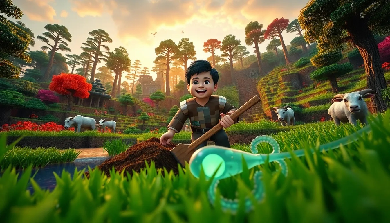 A player exploring a Minecraft biome, digging artifacts with a glowing squid nearby.