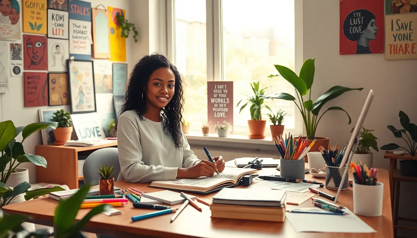 young woman artist working in a colorful creative space.