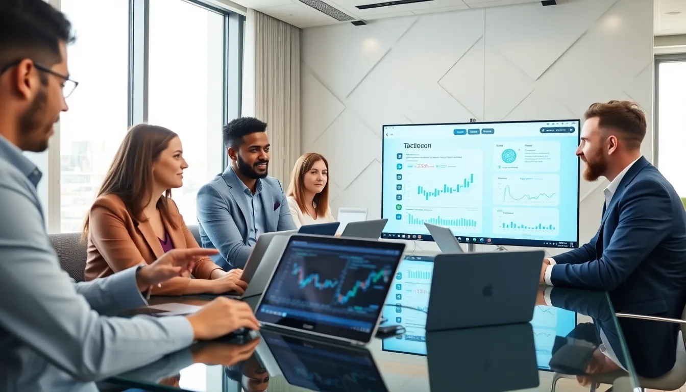 diverse team collaborating in a modern fintech workspace.