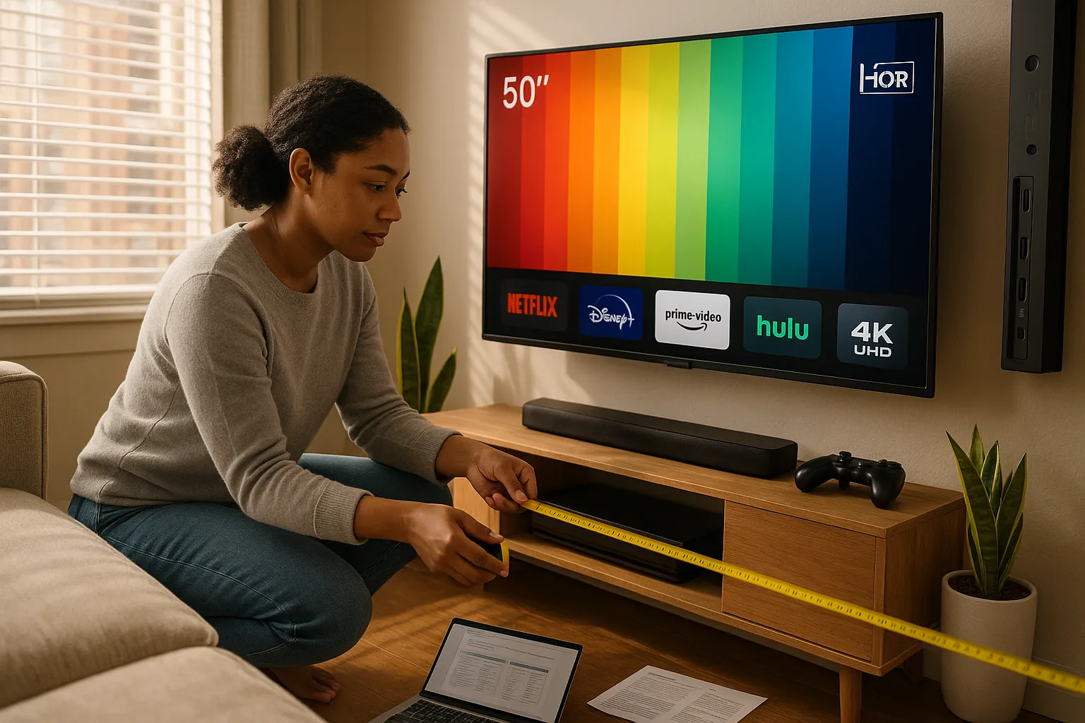 Person measuring couch-to-TV distance beside a budget 4K TV showing streaming apps.
