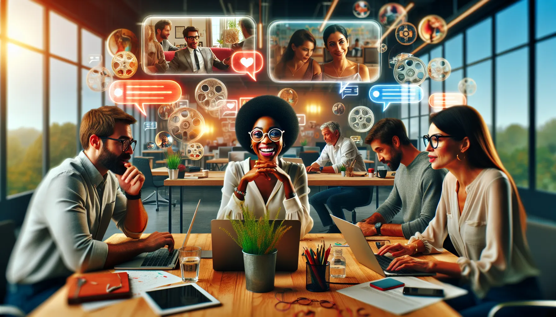 diverse group discussing films in a modern office setting.