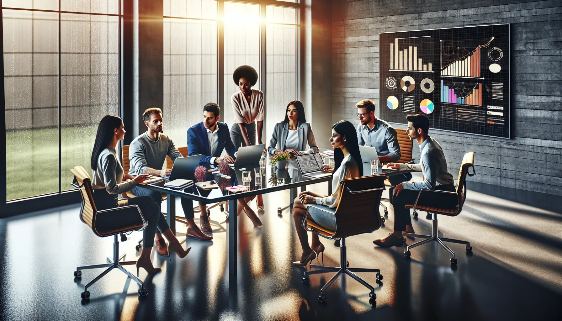 business team collaborating on digital marketing strategies in a modern office.