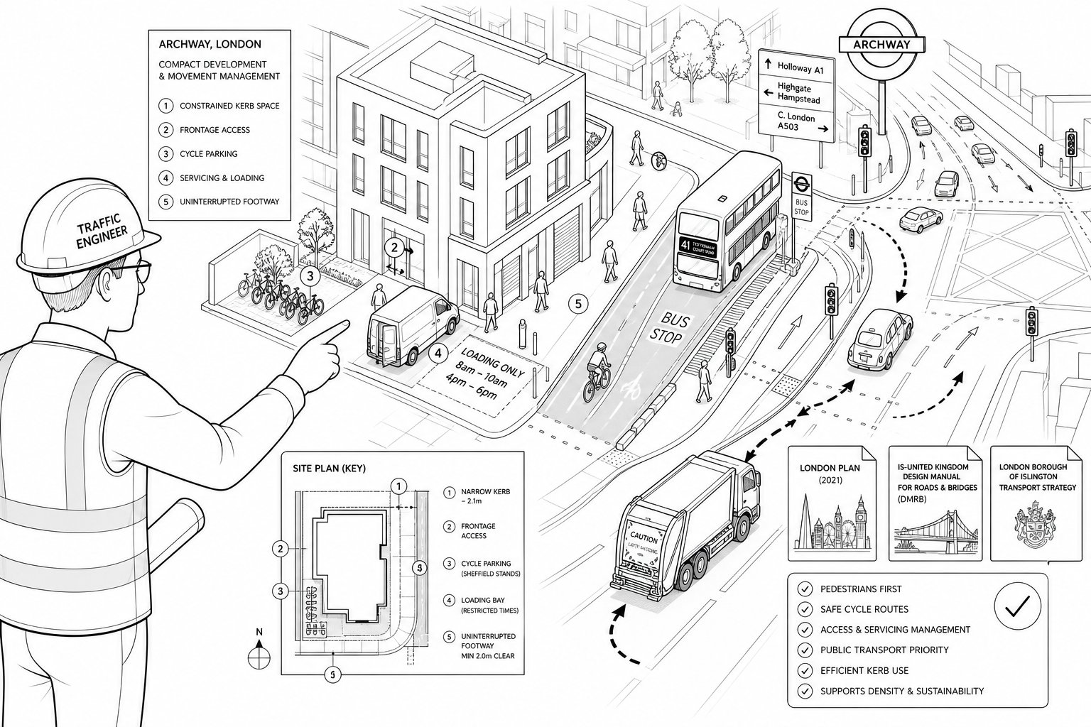 Traffic engineer reviewing a busy Archway street layout and development access.