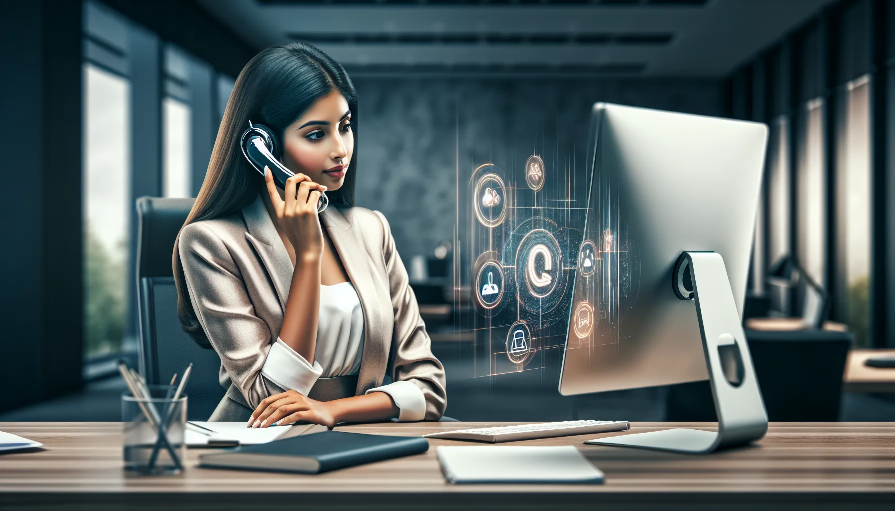 customer service representative using a toll-free number in a modern office.