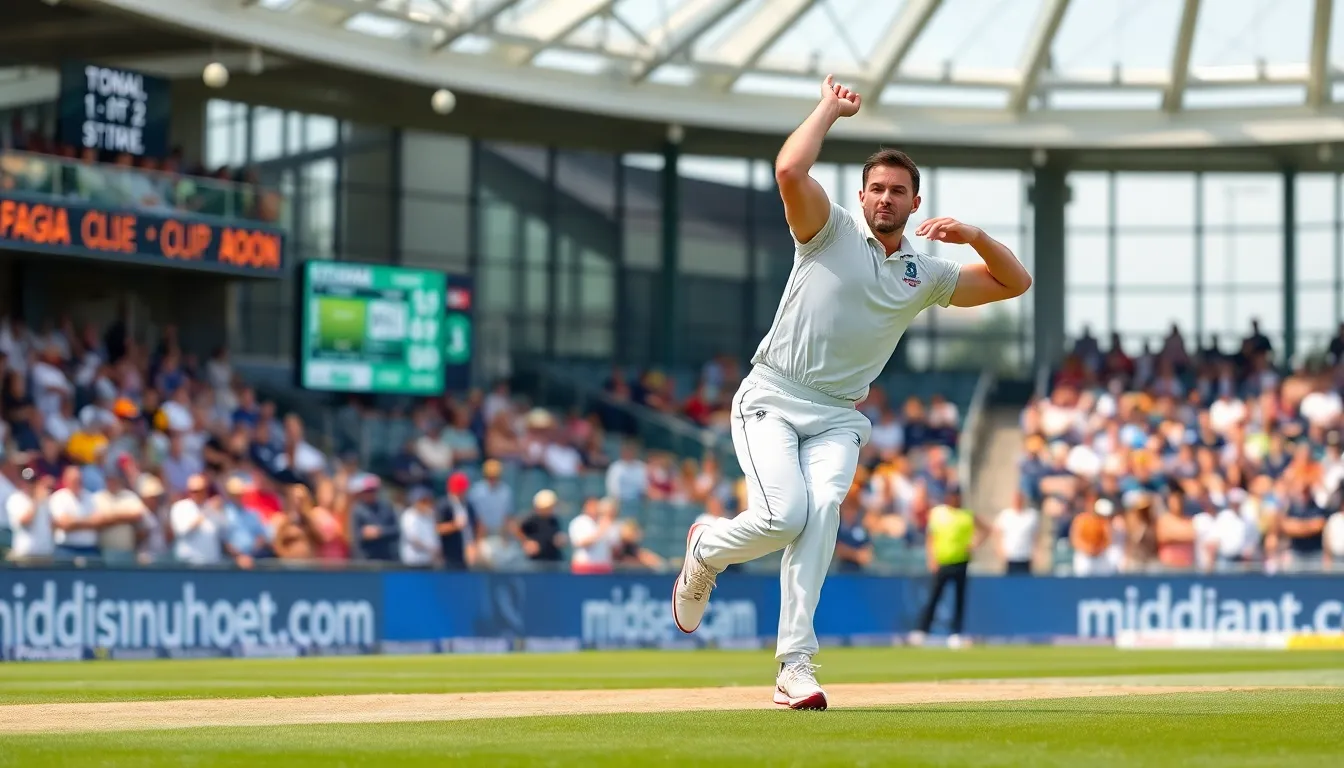 bowler delivering a fast ball in a modern cricket facility.