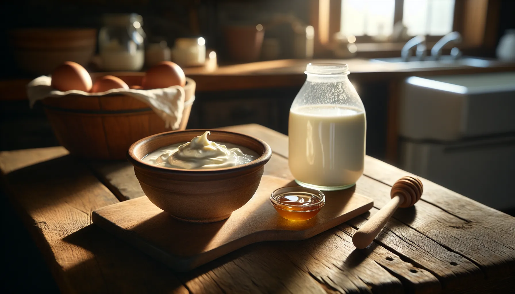 a bowl of fresh curd next to a carton of milk on a wooden table.