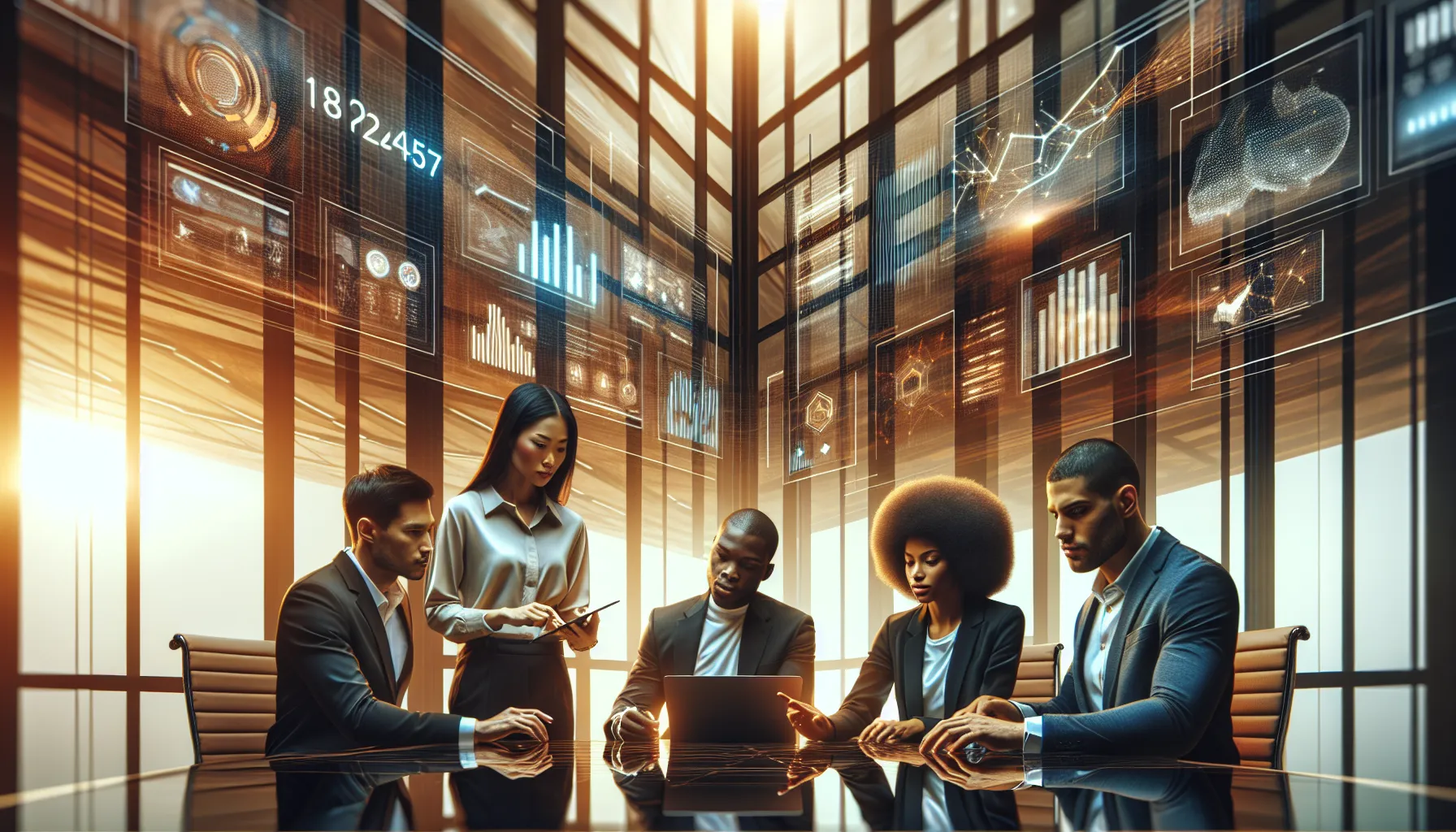 diverse team discussing data analytics in a modern office setting.