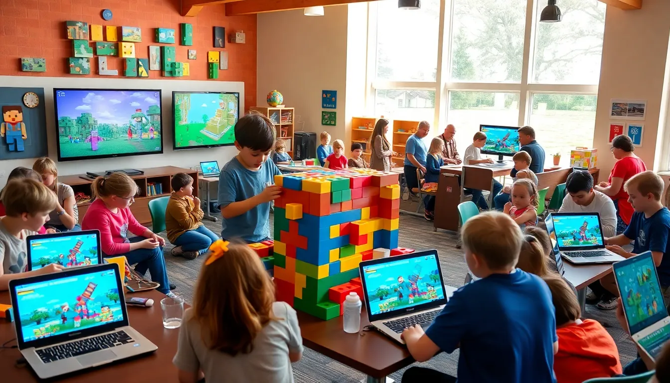 children and adults engaging in Minecraft-themed activities at The Playcentre.