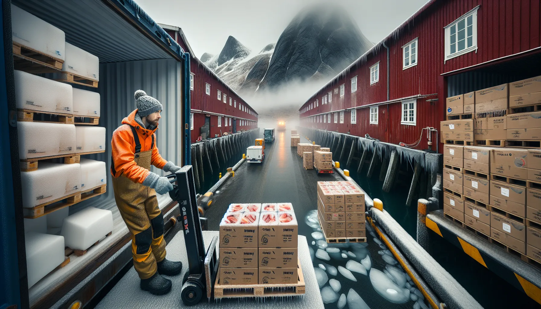 Fersk eller frossen fisk – hva er best for miljøet og helsen? 3 Norwegian dockworker loads frozen fish while fresh ice crates and trucks contrast.