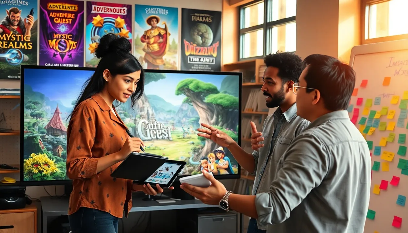 a diverse game development team creating new video game concepts in a studio.