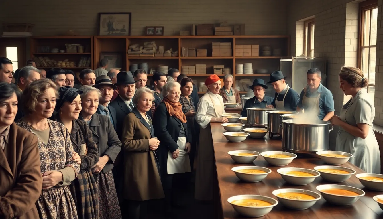 a diverse group at a soup kitchen during the Great Depression.