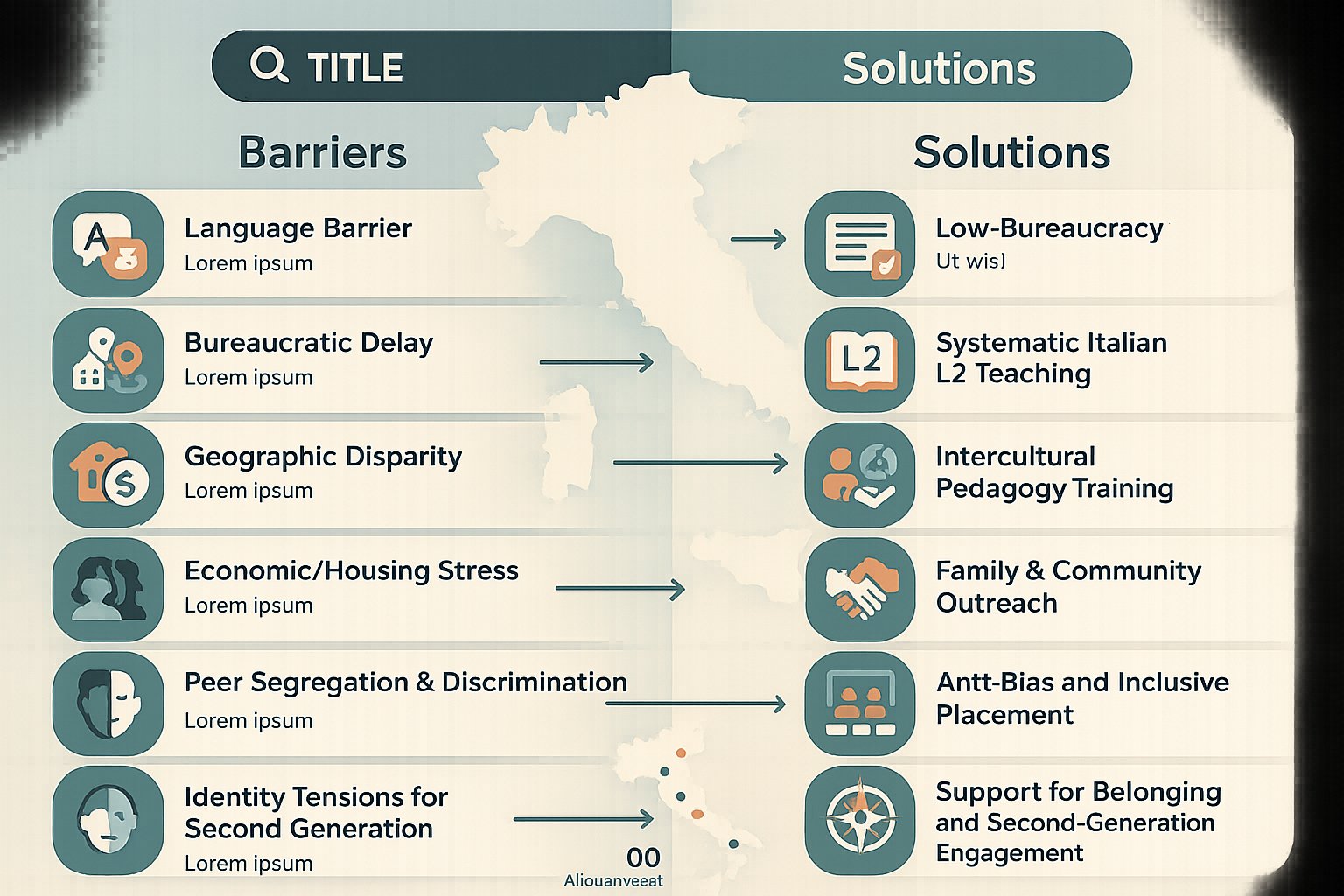 Infografica a due colonne che mostra le barriere degli studenti immigrati e le soluzioni abbinate in Italia.