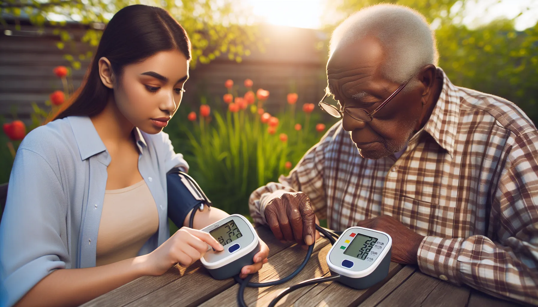 young woman and elderly man comparing blood pressure readings outdoors.
