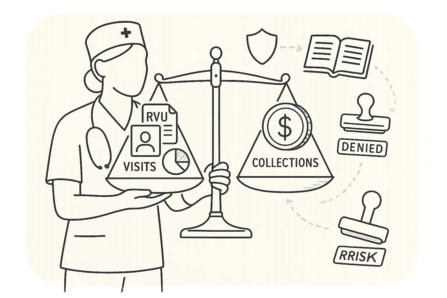 Nurse practitioner with scale showing collections risk versus RVU and visit benchmarks.