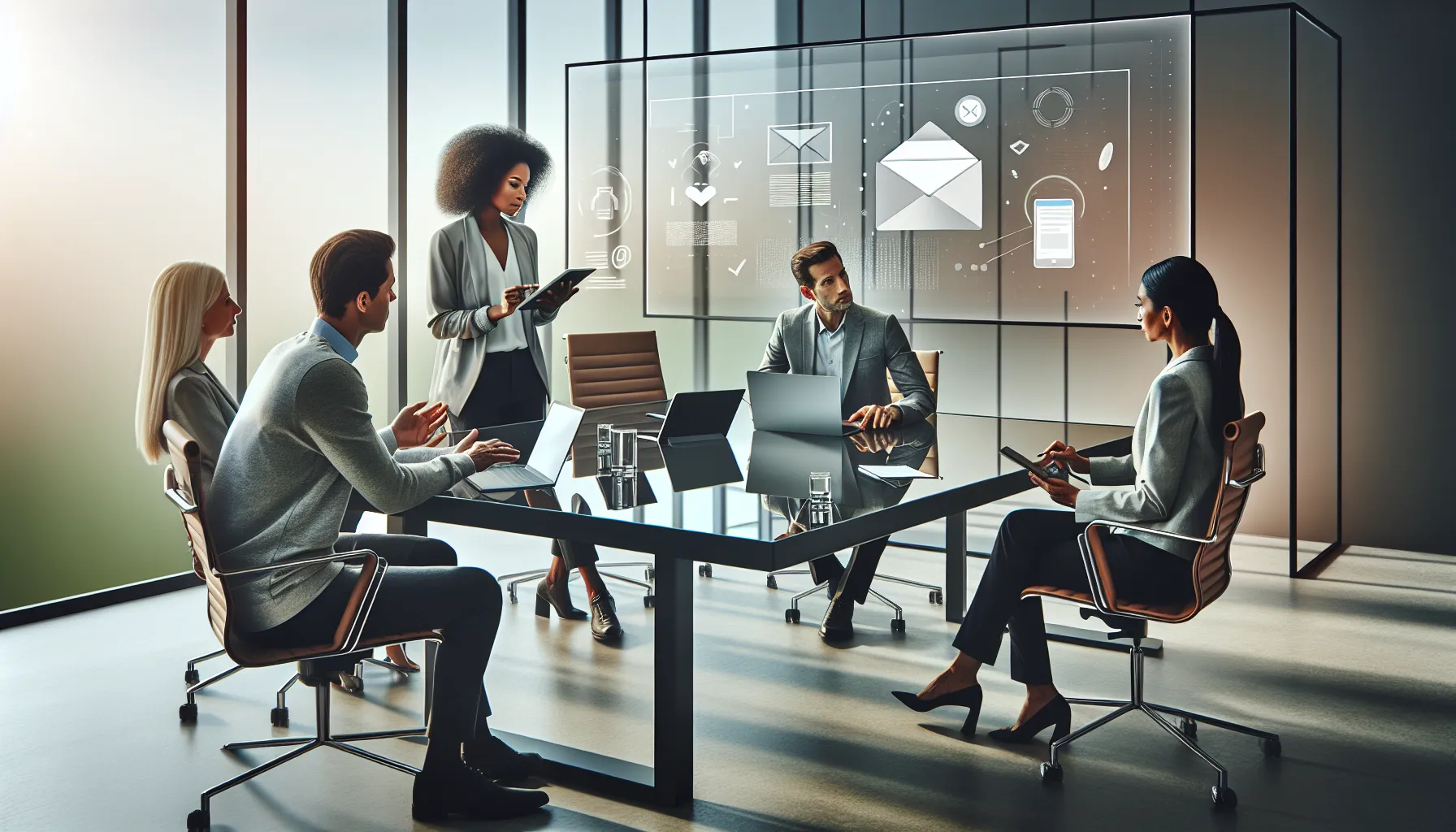 professionals discussing email communication in a modern office.