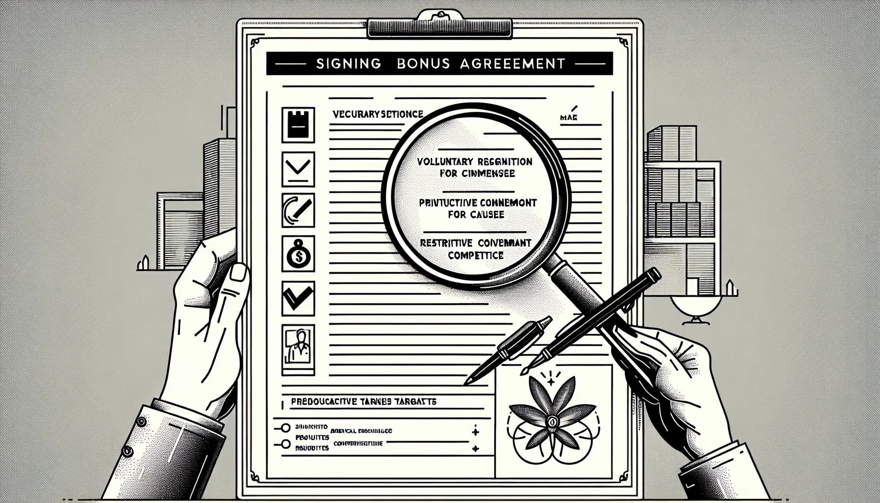 Doctor examining a contract checklist under a magnifying glass.