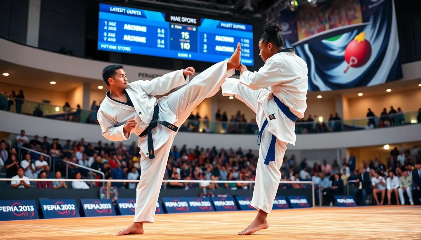 taekwondo athletes competing in a vibrant arena.