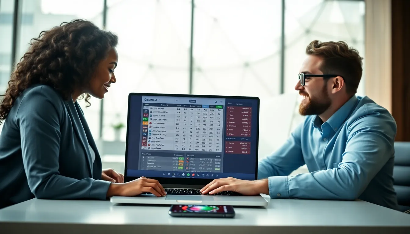professionals discussing the Ladbrok3s betting platform in a modern office.