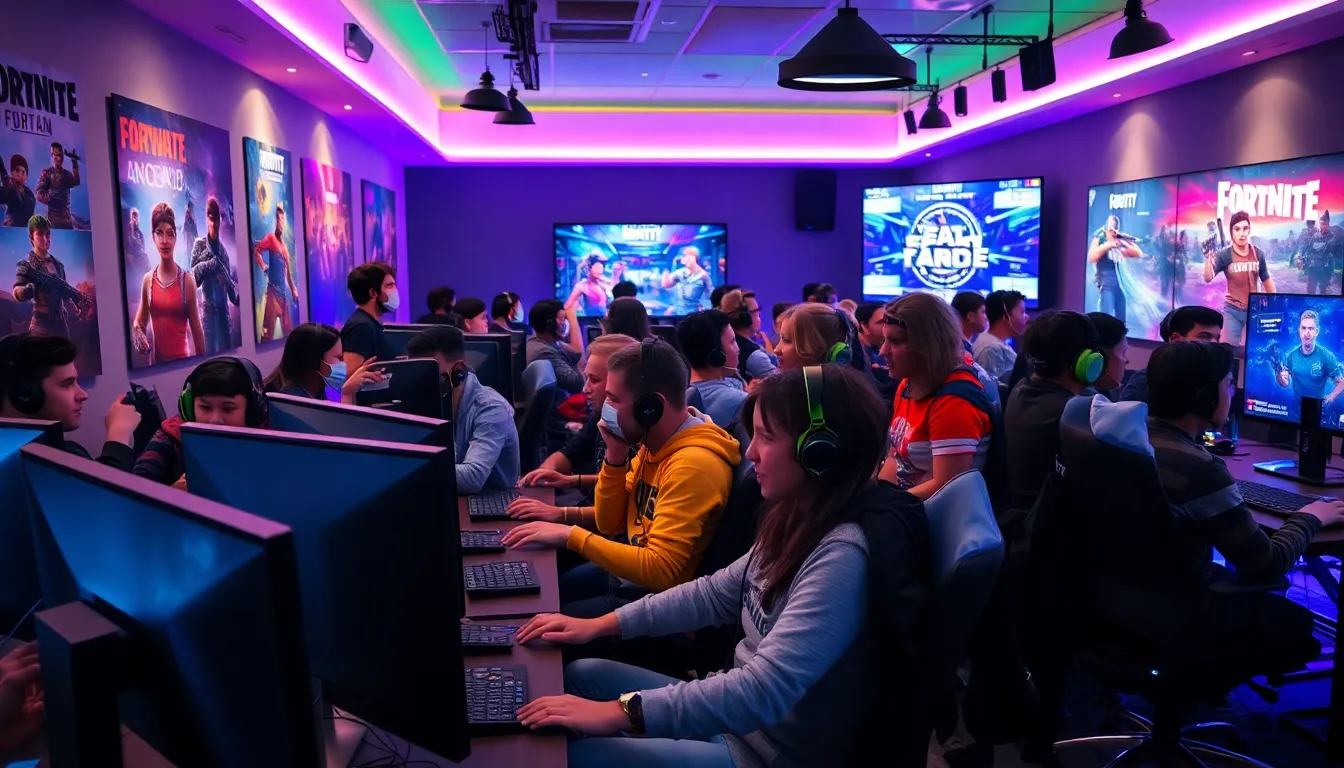 diverse group of gamers in a modern gaming lounge.