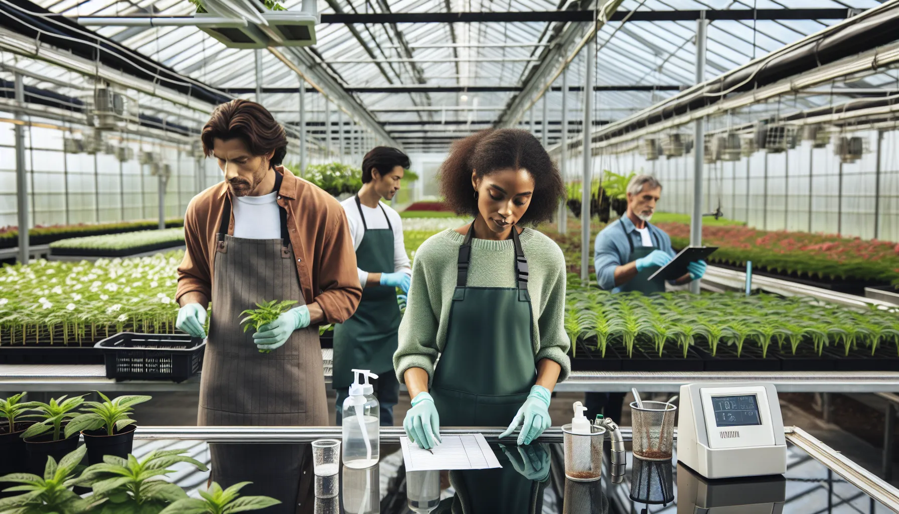 diverse team maintaining plants in a modern greenhouse.