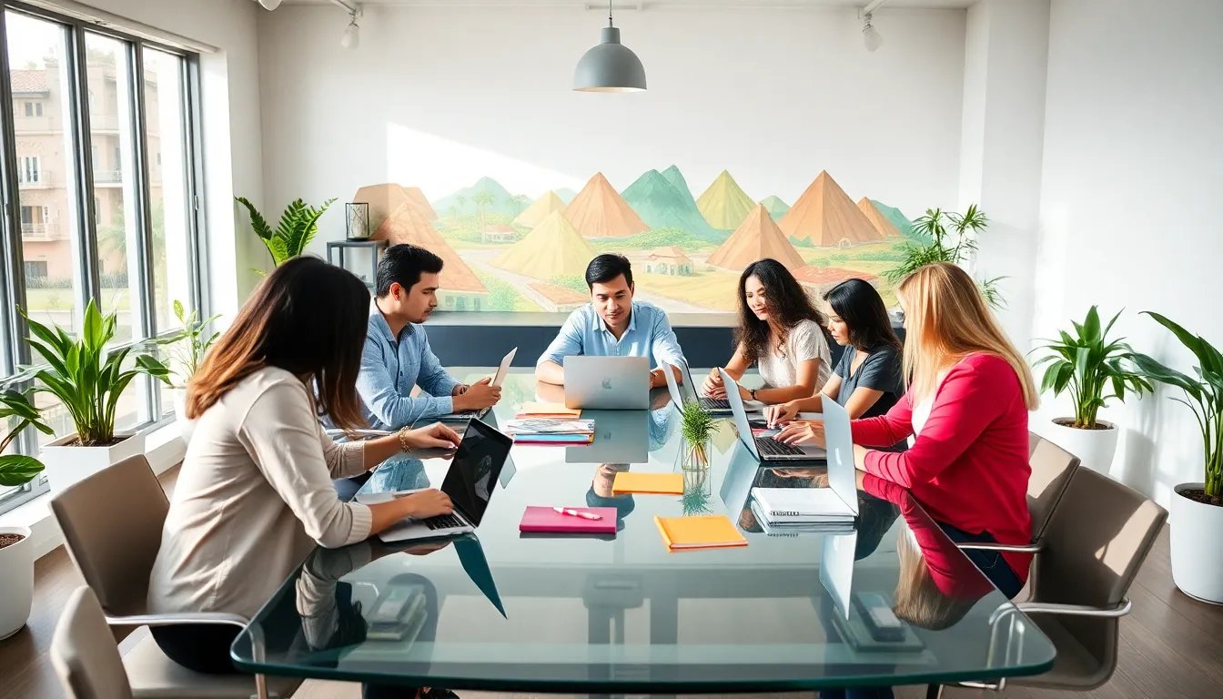 diverse digital nomads collaborating in a modern workspace.