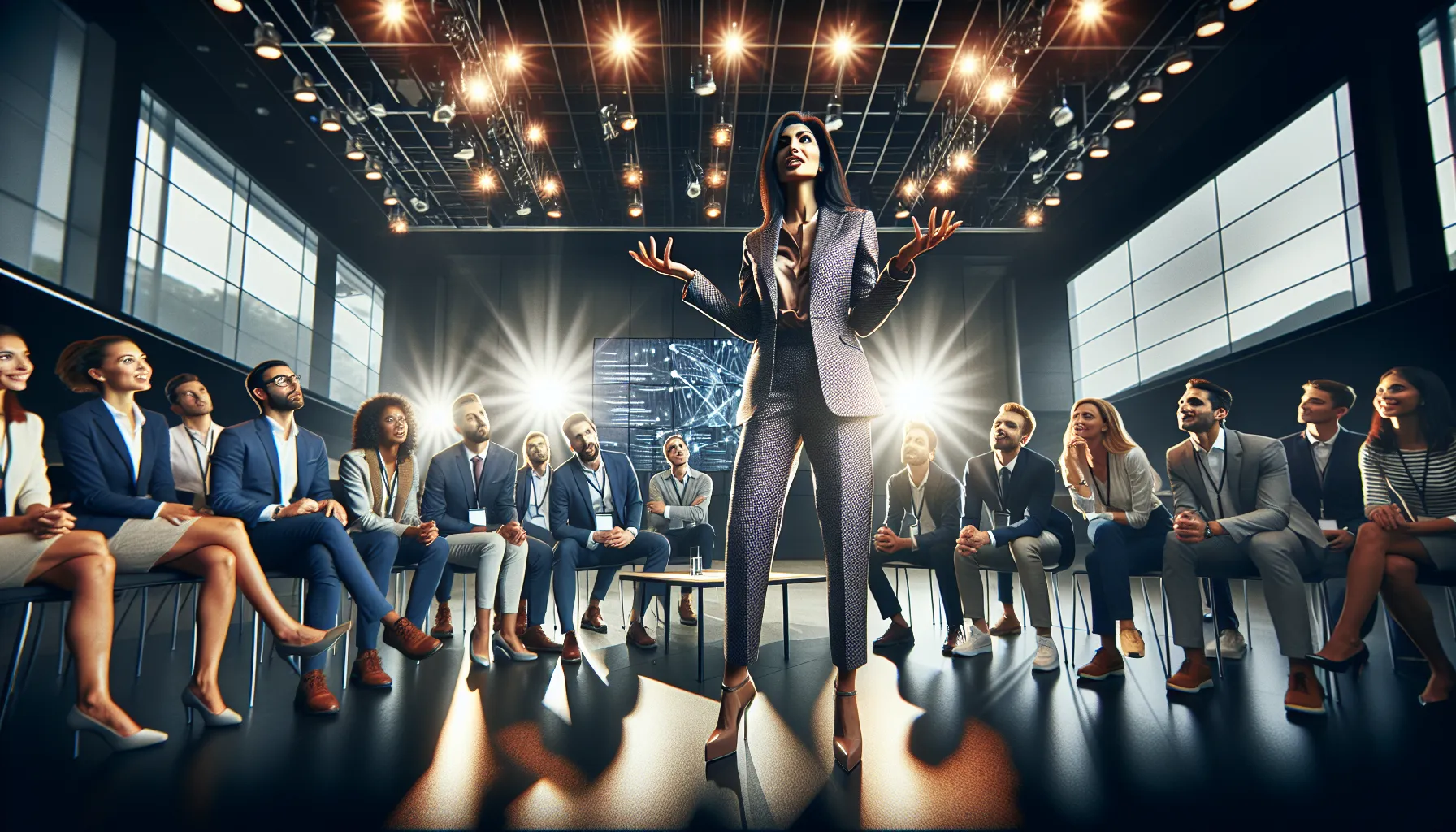 charismatic speaker engaging an audience in a modern conference setting.