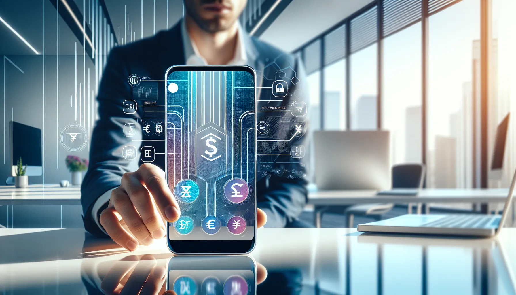 Professional using Revolut banking app on smartphone in modern Croatian office