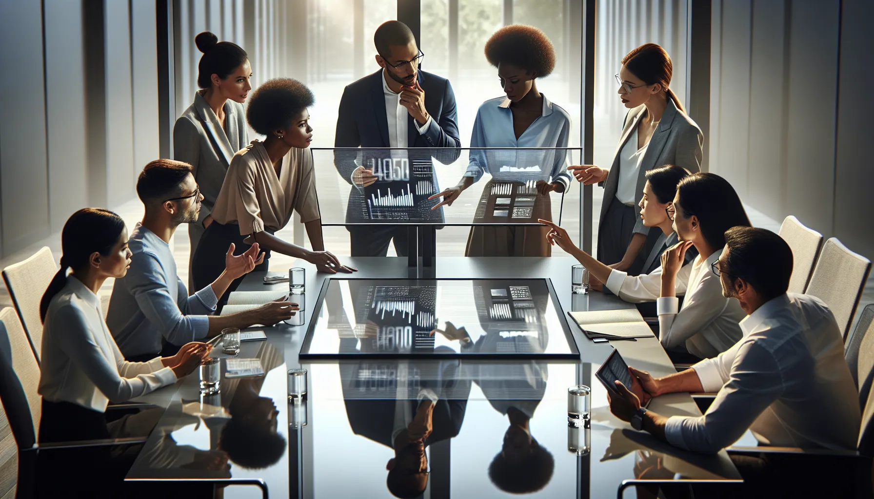 diverse team discussing data in a modern office setting.
