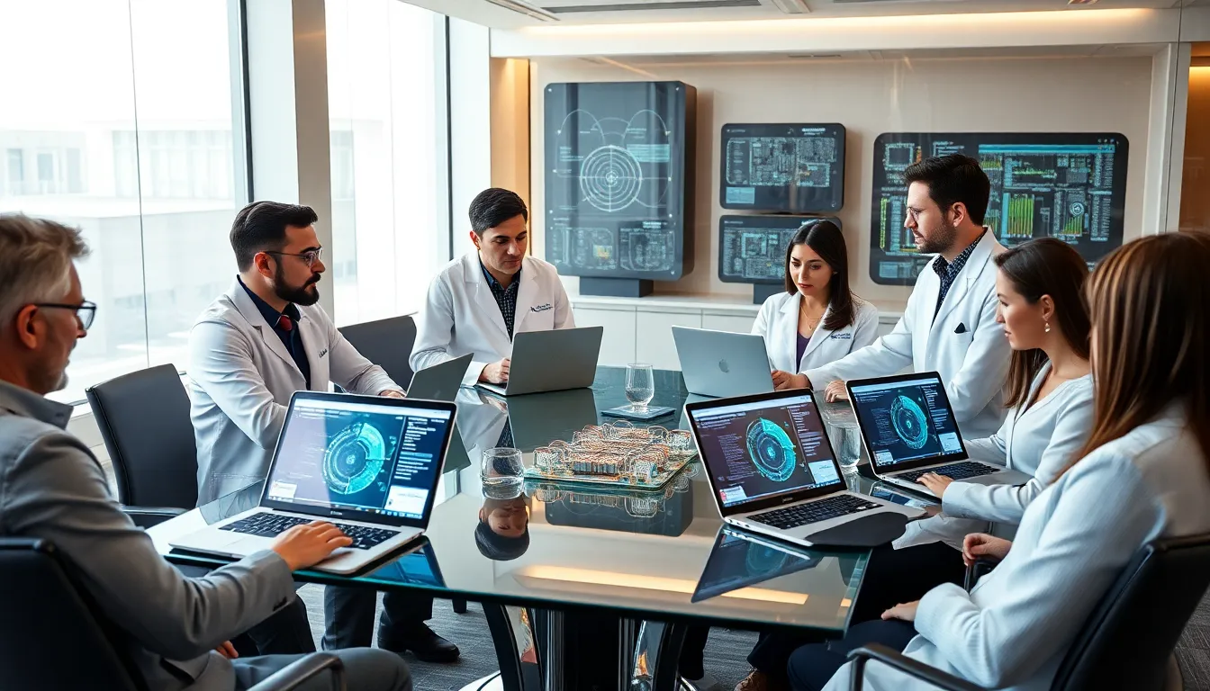 scientists discussing quantum technology in a modern office.