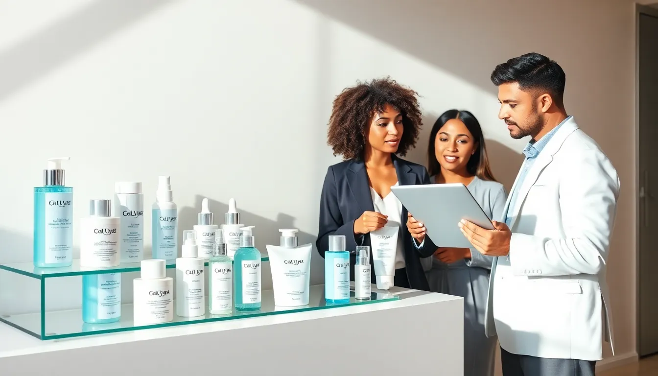 diverse professionals discussing skincare products for oily skin.