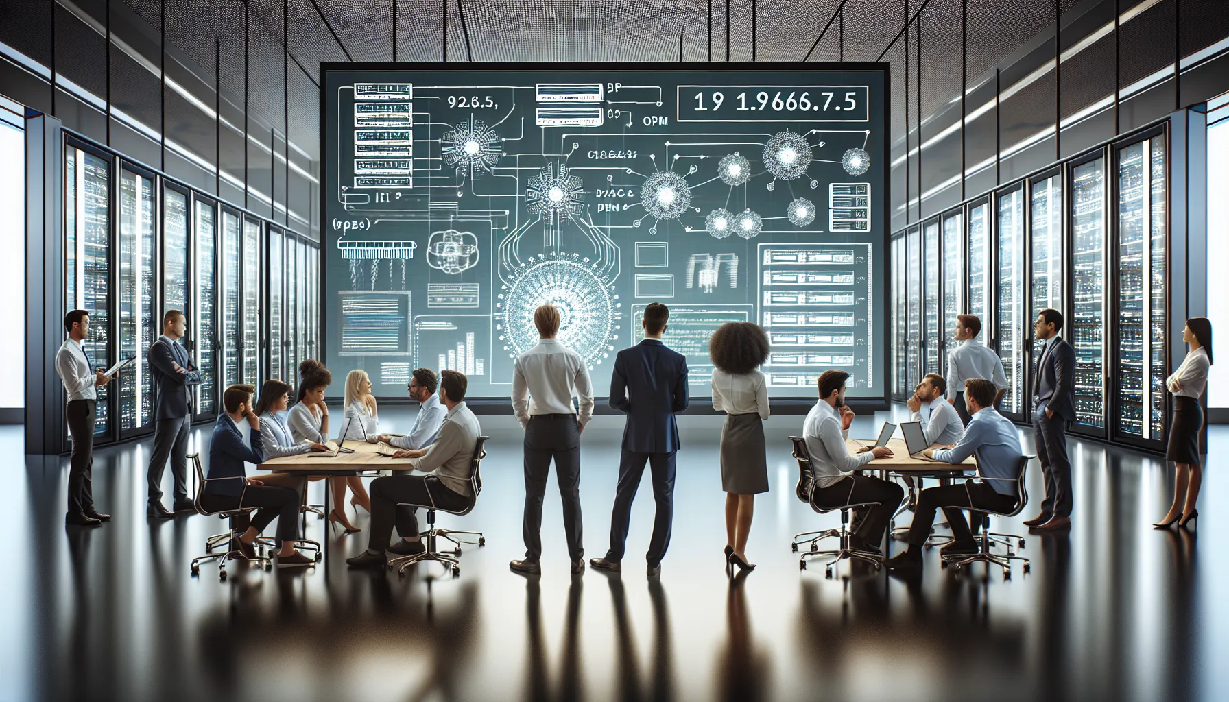 IT professionals discussing networking concepts in a modern office.