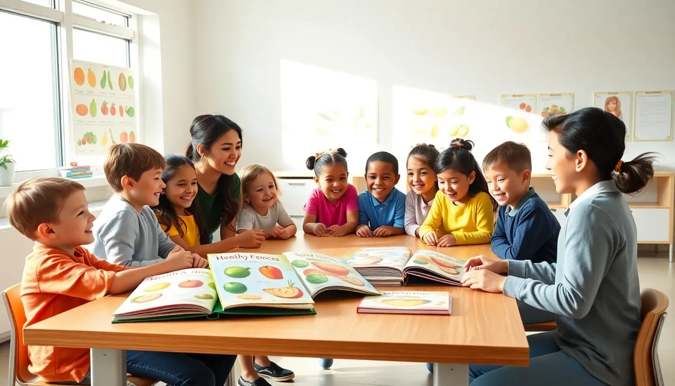 children learning about nutrition in a bright classroom setting.