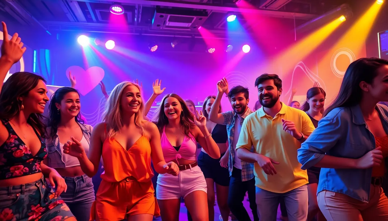 diverse group dancing in a vibrant nightclub setting.
