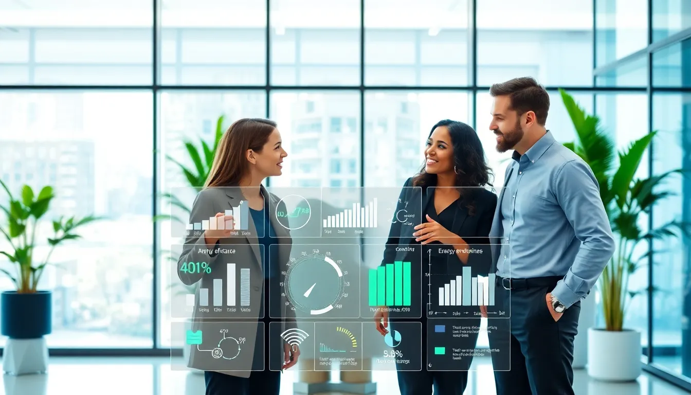 diverse team discussing smart building technology in a modern office.