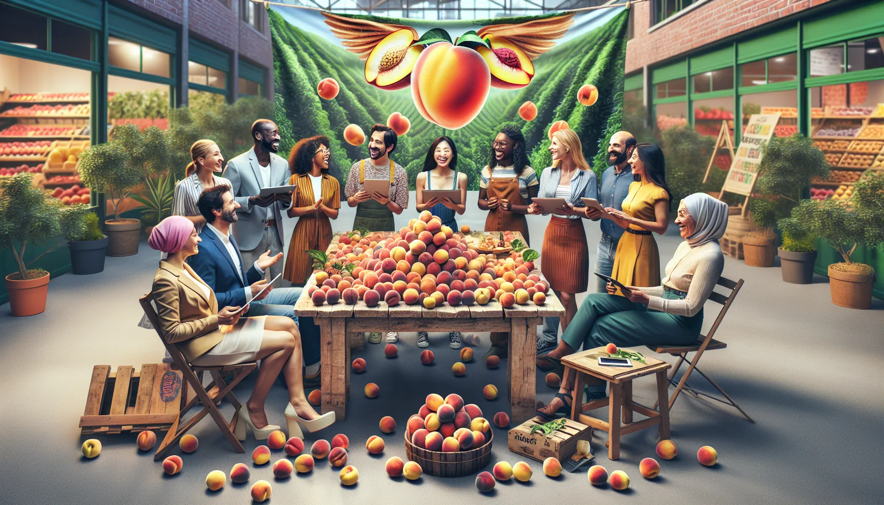 diverse group discussing peaches at a modern market table.
