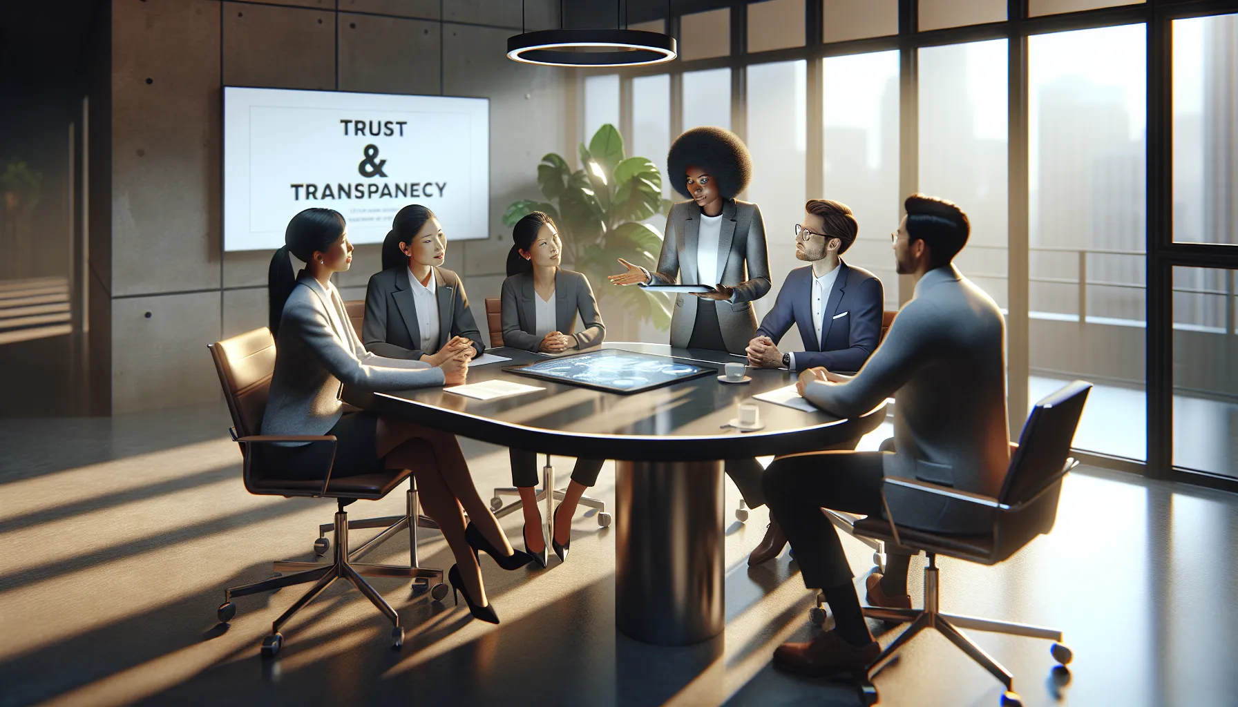 diverse team discussing rebuilding trust in a modern office.