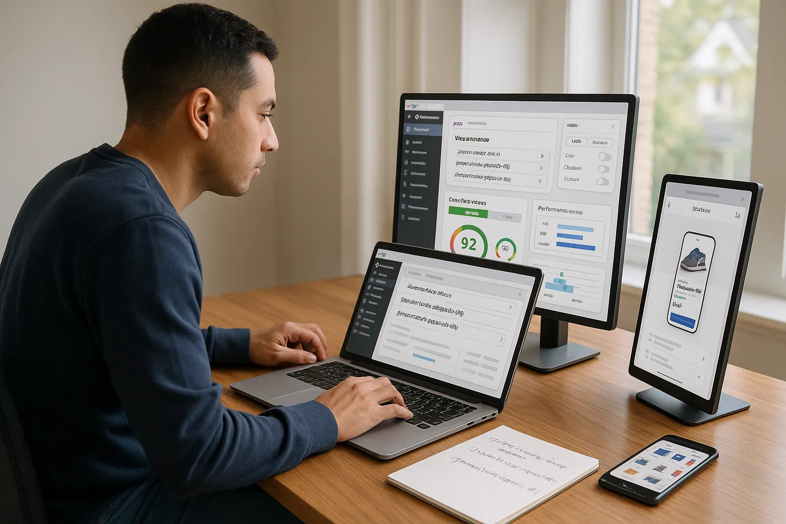 Marketer optimizes a WooCommerce store’s technical SEO on a laptop in a home office.