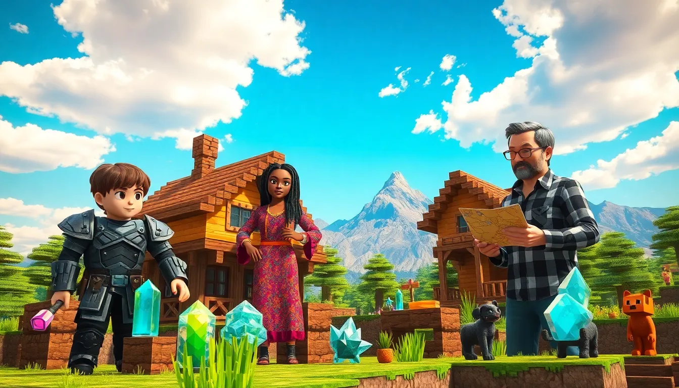 players working together to build in a vibrant Minecraft landscape.