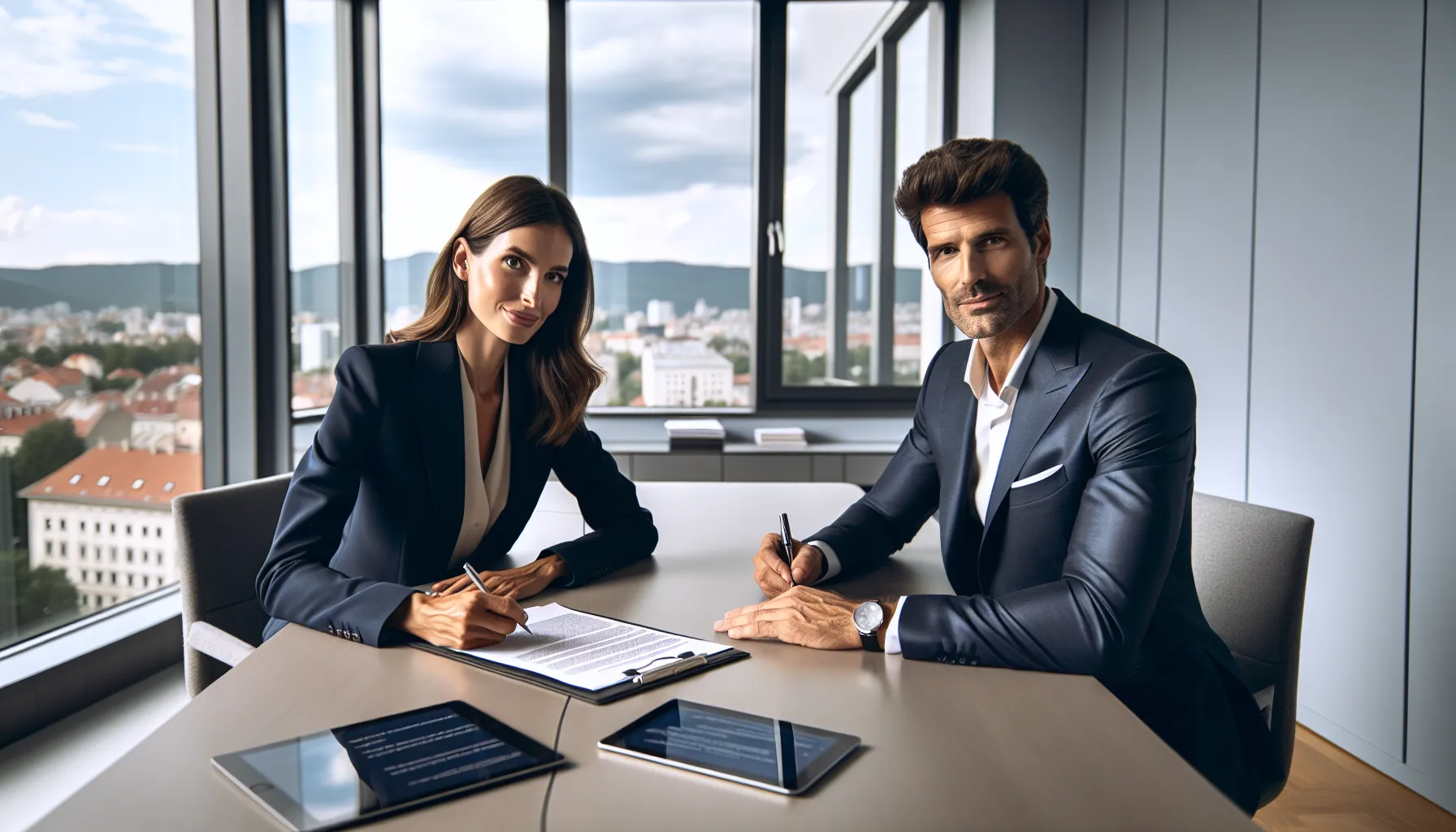 Croatian landlord and tenant signing rental agreement termination documents in modern office.