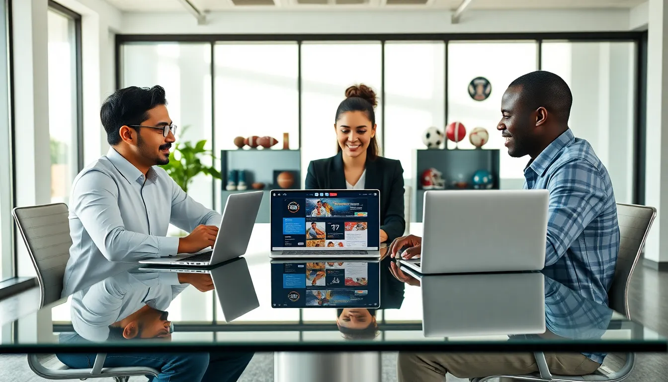 diverse team discussing sports information in a modern office.