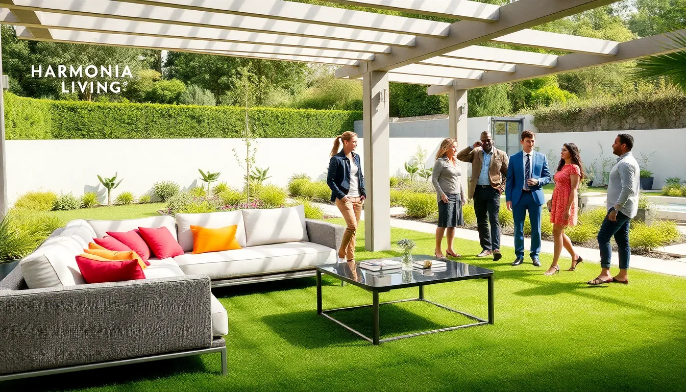 stylish outdoor patio with modern furniture and people socializing.