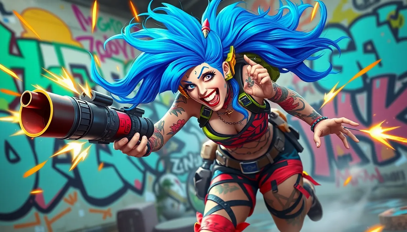 Jinx from League of Legends in a chaotic urban setting.