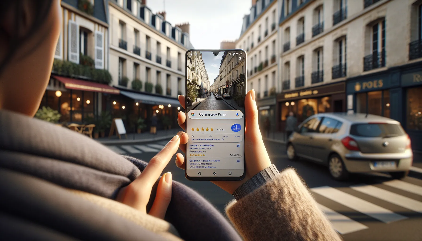 Woman in Gournay-sur-Marne using Google Maps on her smartphone to find local services.