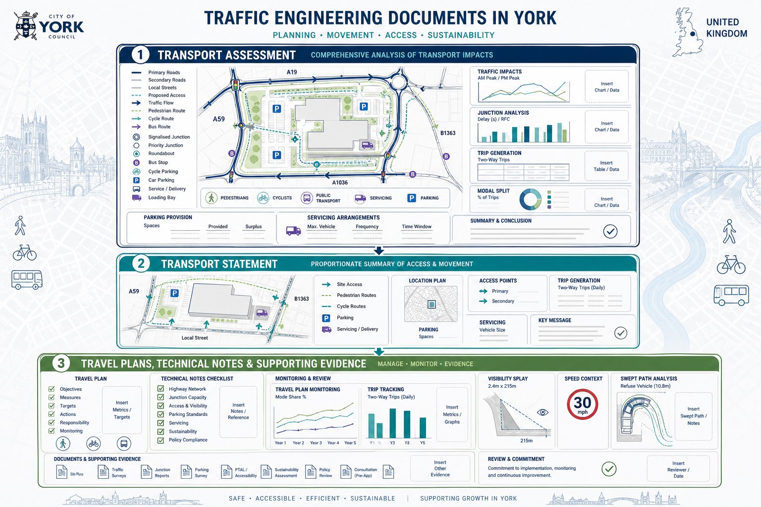 Infographic comparing transport assessment, transport statement, and travel plan documents.