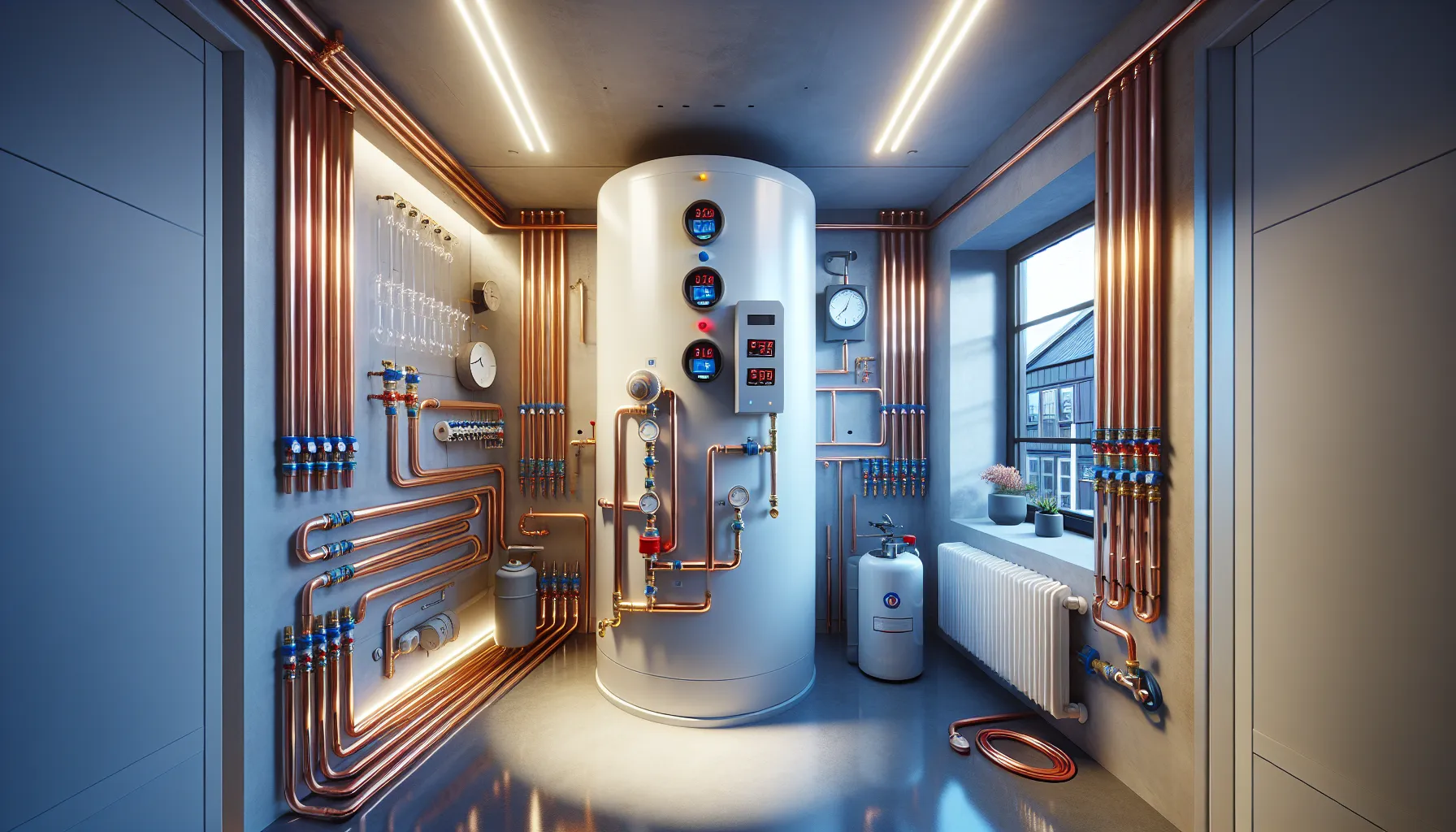 Norwegian utility room with solar-heated accumulator tank and floor heating manifold.